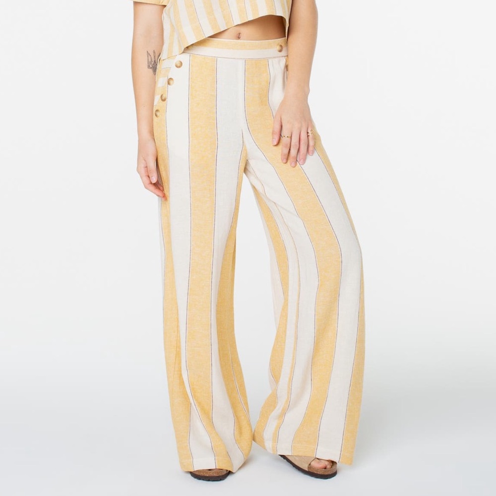 ROXY ADRIAN WIDE LEG LINEN BLEND PANTS AMBER GOLD STRIPE SIZE 31 NWT - Picture 2 of 12